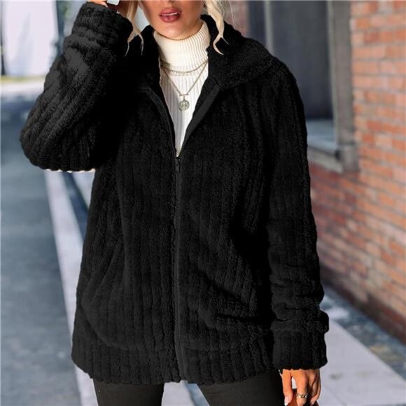 Women's Fleece Jacket Full Zip Long Sleeve Lapel Collar Sherpa Coat with Pockets - Picture 2 of 6